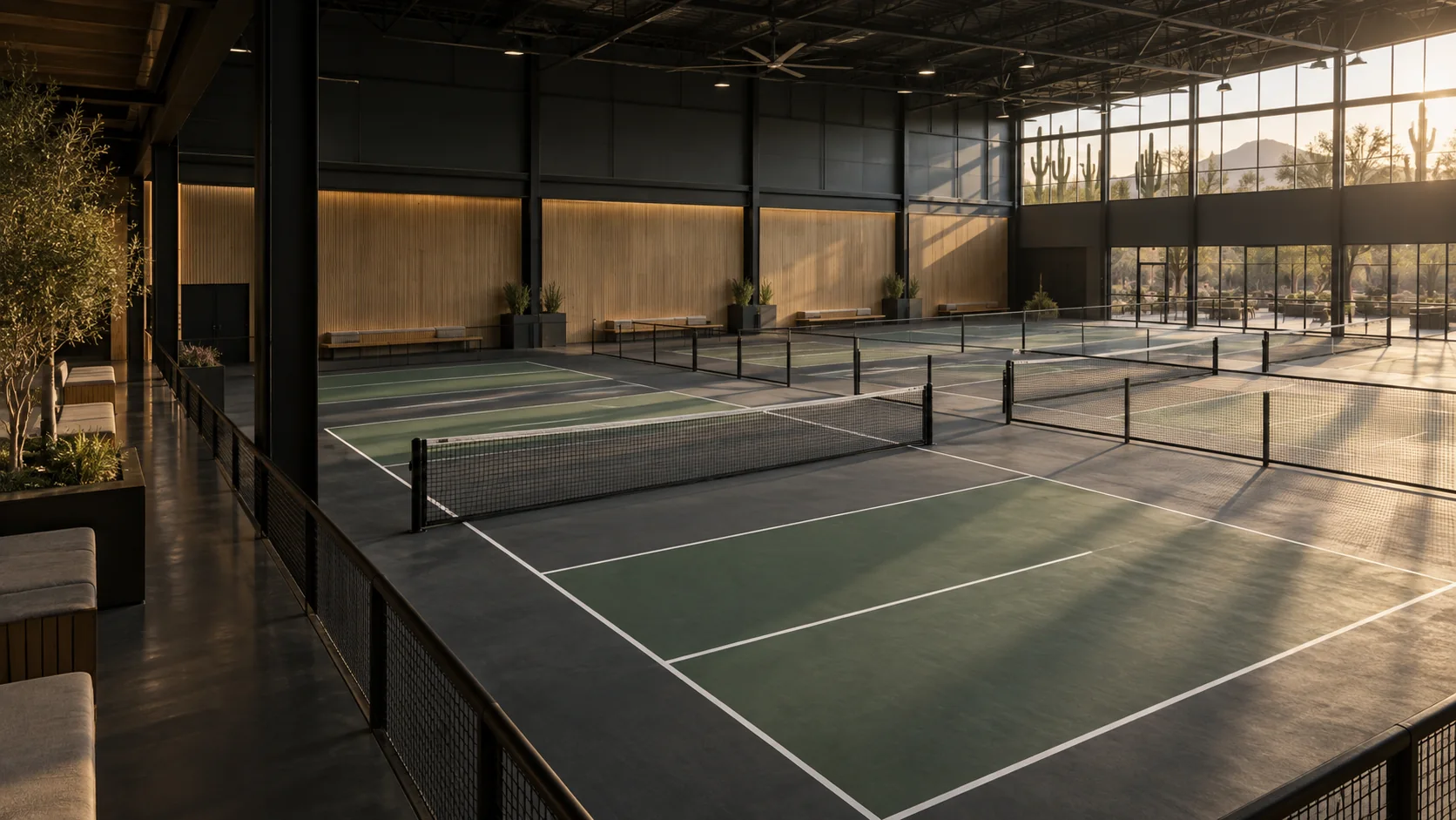 Architectural concept of an indoor racquet club with sage courts, oak walls and warm afternoon light.